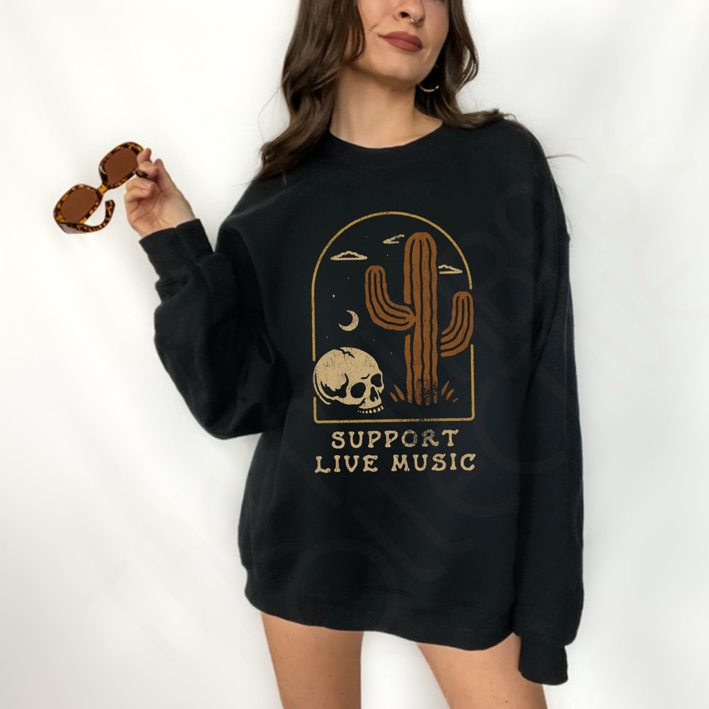 Support Live Music Skull Graphic Crewneck Sweatshirt